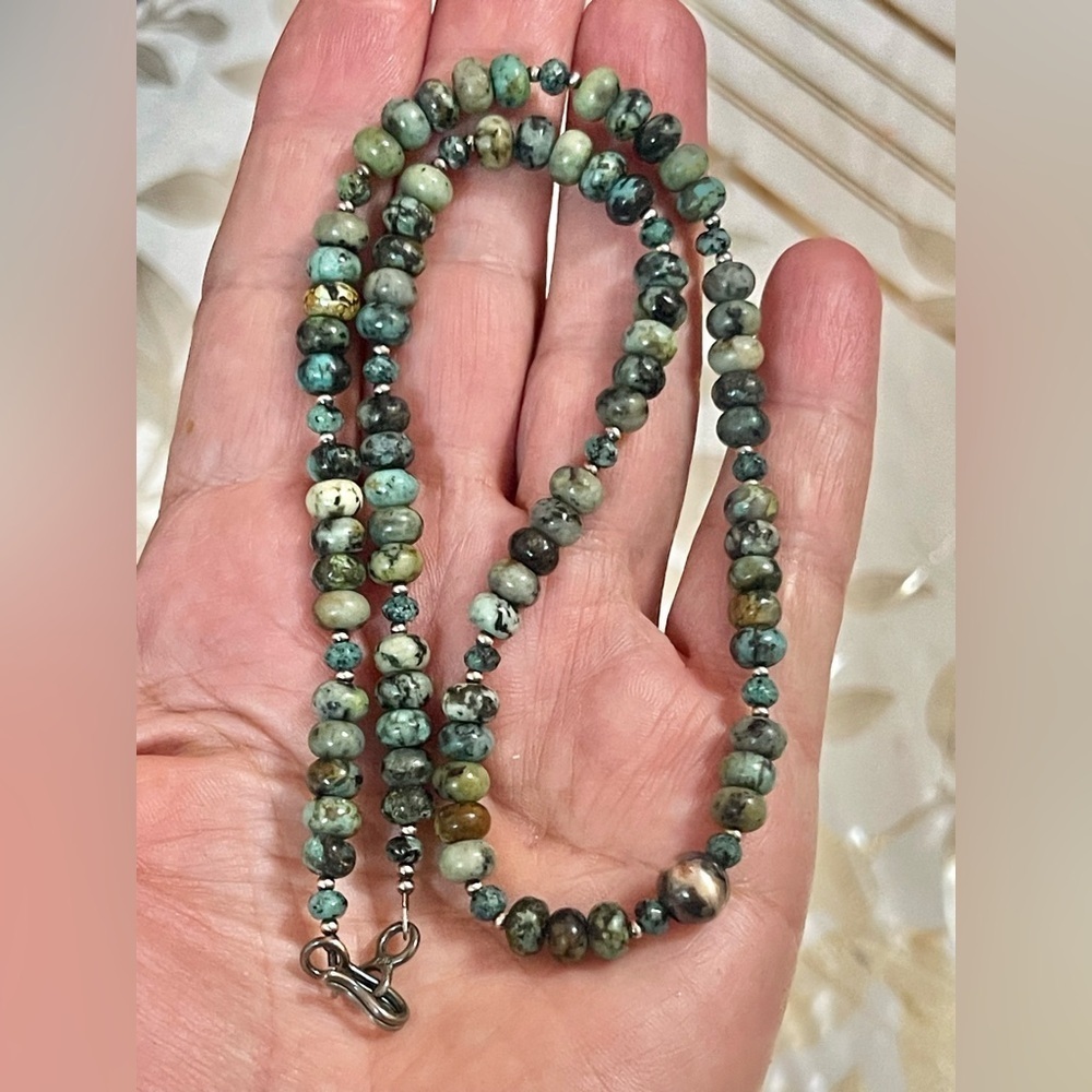 VTG Native American Sterling African Turquoise Pearl Bench Bead Necklace 18